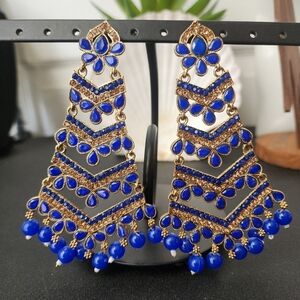 Statement Long Gold and Blue India Chandelier Earrings